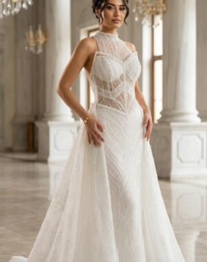 Zarif Yüksek Yaka Dantel İşlemeli, Kolsuz El İşçiliği Dantel ve Boncuk İşlemeli Balık Model Gelinlik