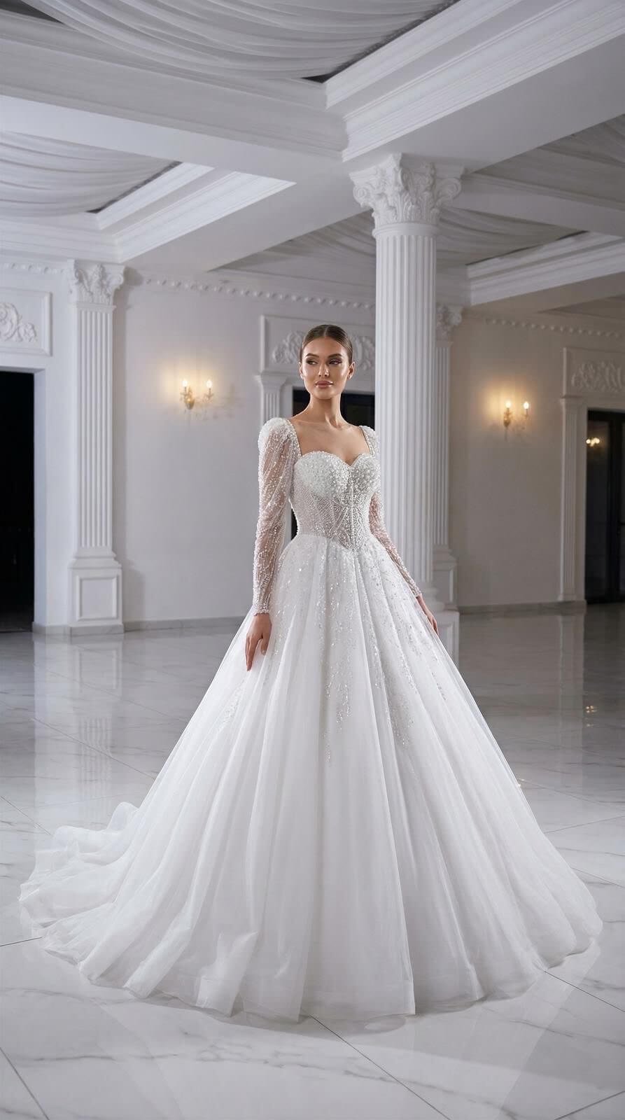 El İşçiliğin İhtişamını Yansıtan Bu A Kesim Gelinlik, Kalp Yaka ve Şeffaf Uzun Kolları, Kat Kat Tül Eteğiyle Muhteşem Bir Model