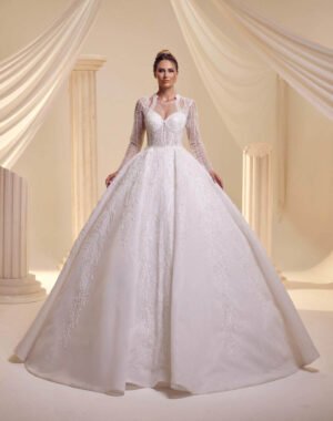 El İşçiliği Ve Işıltılı Kumaş Detaylı, Transparan Tül Kollu Ve Düğme Detaylı Korsajlı Prenses Gelinlik