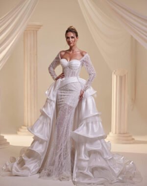 Işıltılı Drapeli Balık Kesim, Düşük Omuz, Kalp Yaka Tamamen İşlemeli Gelinlik